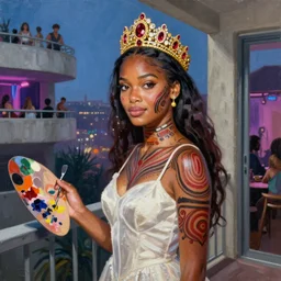 palette knife oil painting portrait of tyra banks, a princess - with gold tiara with rubies and diamonds, woman in white dress and australian aboriginal body paint, concrete balcony, nightclub, artstation trending, artgerm, any racial background, deviant art, hipster, octane, substance, art history 8 k