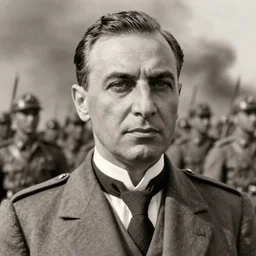 close - up portrait of ataturk at the salvation war with many soldiers behind photographed by ara guler