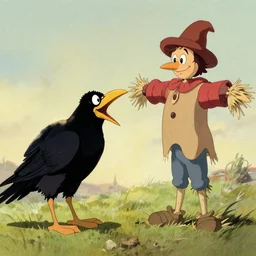 by richard scarry. a raven laughing at a scarecrow. a 1 9 5 0 s retro illustration. studio ghibli. muted colors, detailed