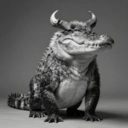 rare classified photo, black & white, studio lighting, a fat standing monkey fish crocodile, horns, real fur, real skin