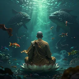 backside of ancient wise monk meditating underwater, lotus pose, epic composition, fabrics flying around him, smoky, dark, mysterious, colourful fish, giant sea creatures, high detail, green and blue light, digital art, artstation, unreal engine 5, octane render