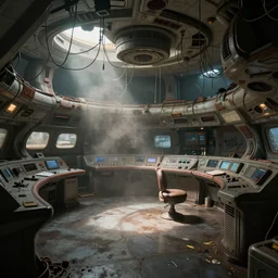 photo realistic!! a rundown starship bridge with hanging wire and graffiti, very detailed, slightly smokey, unreal engine