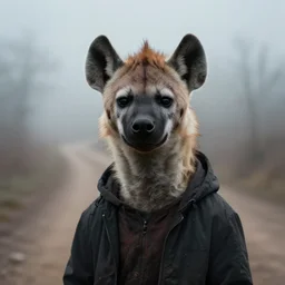 foggy dirt road portrait of furry anthro anthropomorphic spotted hyena head animal person fursona wearing clothes horror gloomy digital art photo by Greg Rutkowski, Simon Stalenhag, christopher nolan trending on Artstation, CGSociety