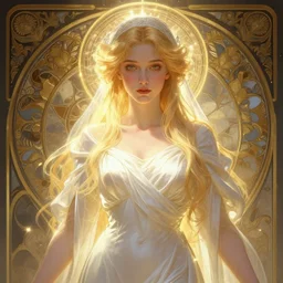 digital character concept art by artgerm and greg rutkowski and alphonse mucha. clear portrait of a young wife blessed by god to uncontrollably become overwhelmingly perfect!! blonde, clothed, super feminine holy body!! light effect. hyper detailed, glowing lights!! intricate, elegant, digital painting, artstation, smooth, sharp focus