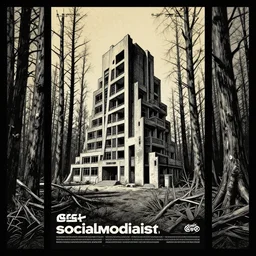 socialmodersist estate in the midle dead forest, brutalist architecture, serigraphy, poster
