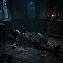 a innatural and tragic dead in a room of a haunted house. realistic, cinematic lightning, octane tender, dark - art