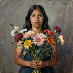 indigenous woman holding a lot of flowers, painted by lucian freud, hd, super detailed, realistic, muted colors