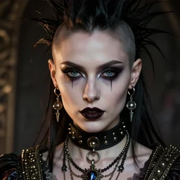beautiful extreme closeup portrait, goth girl, piercings collar, mohawk hairstyle, medieval dress. witch, makeup. unreal engine, greg rutkowski, loish, rhads, beeple, tom bagshaw, alphonse mucha, global illumination, detailed and intricate environment