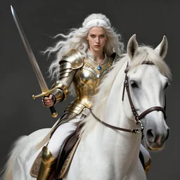 a fantast portrait walkyrie candice swanepoel riding a white horse, with a curved sword, platinum white wavy long hair, white headband in the front with diamonds, jewelry body armor in golden and silver colors, pointy ears, detailed, epic masterpiece of cinematographic hyperrealism, realistic shaded lighting poster by craig mallismo, artgerm, jeremy lipkin and michael garmash