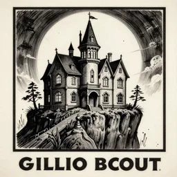 glossy old advertising poster of a a haunted mansion on a cliff, horror, drawn comic by junji ito, pastels, gradient,