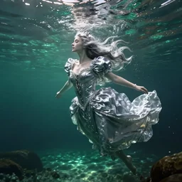 A silver haired mad princess, dressed in a beautiful, fancy silver dress, floathing underwater in a lake, mystical, atmospheric, greenish blue tones, underwater photography, concept art by Annie Stegg Gerard, Ian David Soar and Greg Rutkowski