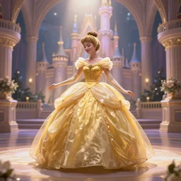 cinderella dressed in the world's most beautiful yellow ballgown stands gracefully in the middle of a magical ballroom of a fairytale castle, spotlight on her. highly detailed fantasy art, ultra realistic, digital art, dreamy atmosphere and soft illumination
