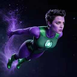 photos of beautiful purple skinned actress Daisy Ridley as the Green Lantern soranik natu as she soars thru outer space, purple skin, purple skin colored Daisy Ridley, photogenic, purple skin, short black pixie like hair, particle effects, photography, studio lighting, photographed in the style of Annie Leibovitz
