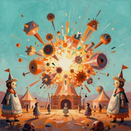 a beautiful painting of a glitched explosion of primitive shapes in a monster carnival by oliver vernon and jonas burgert, trending on pinterest, fallas party figures, light turquoise and ocher color sheme