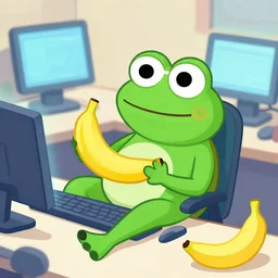 pepe the frog relaxing with bananas, epic scene full of computers, by victo ngai, kilian eng vibrant colours, dynamic lighting, digital art, winning award masterpiece, fantastically beautiful, illustration, aesthetically inspired by beksinski and dan mumford, trending on artstation, art by greg rutkowski, 8 k