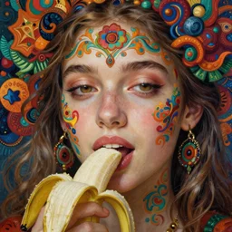 a close up of beautiful girl eating a banana surrounded by colourful intricate patterns, by edgar maxence and caravaggio and michael whelan, intricate painting, hyper realistic, extremely detailed and beautiful aesthetic face, 8 k resolution
