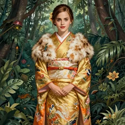 asian emma watson wearing golden and orange furisode, full shot, jungle background, intricate, highly detailed, concept art, sharp focus, illustration, artgerm, ruan jia, jurgens, aleksi briclot, mucha