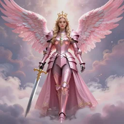 gorgeous!! hyper - realistic woman resembling emilia clarke as a princess wearing ornate pink knight armor, angel wings, angemon l holding a long sword | divine, elegant, ethereal, heavenly, clouds, holy, fantasy | illustration, intricate, high detail, ultra graphics, digital painting | drawn by wlop, drawn by jeehyung lee, drawn by artgerm
