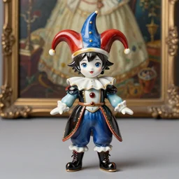 “portrait of Hisoka Morow porcelain doll like jester as a medieval jester, studio lighting hyperreal photograph royal painting cheerful!!!”