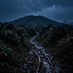 Haunted kodachrome, night time scene, dark, rain, wet mud, deep in the wet entrails!!!!!! of the hill. Lost in the dark Pushing through dense undergrowth, No path, just this squalid passage of mud and rain.