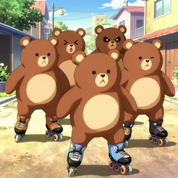 happybears!, happy bears! kill union, humanoid bears, bear costumes, happy faces, evil happy faces, rollerblading, rollerskates, cel - shading, four humanoid bears, 2 0 0 1 anime, flcl, golden hour, japanese town, cel - shaded, strong shadows, vivid hues, y 2 k aesthetic