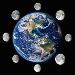 photo of planet Earth surrounded by five moons