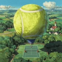 An aerial tennis court, suspended by a massive tennis ball-shaped hot air balloon, Castle in the Sky style, by Miyazaki Hayao
