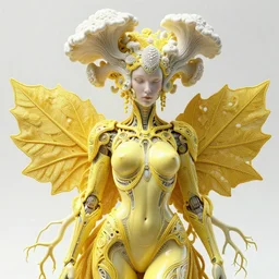 intricate hyper detailed ultra sharp 3 d render of a beautiful smooth porcelain seductive cyborg woman portrait, medium shot portrait, bright light, alexandre ferra mecha, yellow deeply cyberpunk art nouveau haute couture huge fractal white mycelum and fungi head ornaments, big embroidered leaves filigree spreaded roots, octane render, volumetric cinematic lighting, 8 k, vray tracing