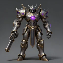 a highly detailed illustration of fantasy cyber knight with machine gun arms, rigid bulky armor, purple glowing core in armor, dramatic standing pose, intricate, elegant, highly detailed, centered, digital painting, artstation, concept art, smooth, sharp focus, league of legends concept art, WLOP