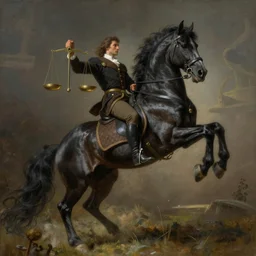 the singular horseman of the apocalypse is riding a strong big black stallion, horse is up on its hind legs, the strong male rider is carrying the scales of justice, beautiful artwork by artgerm and rutkowski, breathtaking, beautifully lit, dramatic, full view