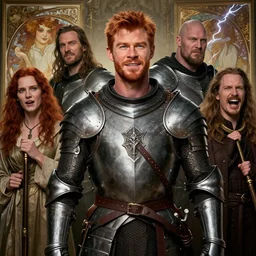 stunning portrait of ( ( ( ( red haired chris hemsworth ) ) ) ) as destruction from sandman looking like kristofer hivju!!, medival armour, by jeremy mann, by frank moth, by jeff easley, by alphonse mucha, dave mckean, laughing, soft lightning, high detailed, 8 k