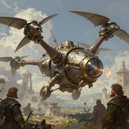 illustration of steampunk mechanical thopter from magic the gathering, by syetlin velinov, rembrandt, caspar david friedrich, ilya kuvshinov, digital art painting, 4 k, mid shot