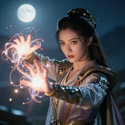 closeup of a very good looking fantasy sorceress wearing amazing detailed clothes, shooting magical glowing flowing energy from her hands!!!! in the moonlit mountains, dramatic lighting, lens flare, 3 5 mm f 1. 2, professional photography, kodak ektar