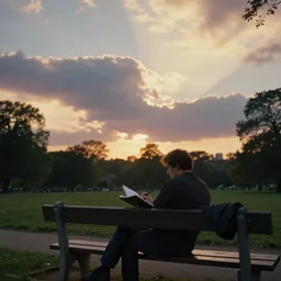 1 9 9 0 s candid 3 5 mm photo of a man sitting on a bench in a park writing in a notebook, cinematic lighting, cinematic look, golden hour, the clouds are epic and colorful with cinematic rays of light, photographed by petra collins, hyper realistic