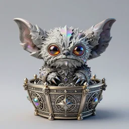 gizmo gremlins art style by artem chebokha, iridescent beautiful magical treasure, sharp focus, raytracing, intricate linework, bright precious crystals, 4 k detailed hyperrealistic concept art by alberto seveso zdzisław beksinski makoto shinkai