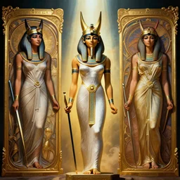 Egyptian goddess Isis, by Rolf Armstrong and Evelyn De Morgan and Bastien Lecouffe-Deharme, dramatic lighting, high contrast colors, baroque, empyrean, panoramic view, as trending on Artstation, highly detailed, doom engine,