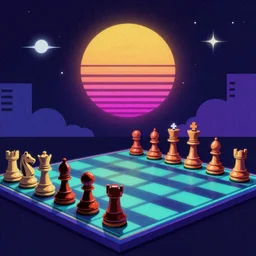surreal chess, 80s style synthwave, lofi colors