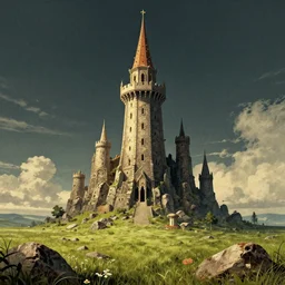 the wizard magical tower!!, rocky grass field, grand landscape art by donato giancola and greg rutkowski, vintage retro, digital art, trending on artstation, symmetry!!, epic composition, high contrast