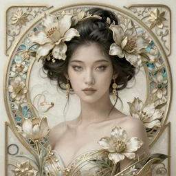 Hyperrealistic beautiful sexy ethereal Japanese woman portrait, art nouveau, fantasy, intricate flower designs, elegant, highly detailed, sharp focus, art by Artgerm and Greg Rutkowski and WLOP