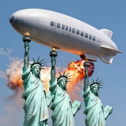 disaster photography,  giant zeppelin after collision into statue of liberty, full color, explosion, 8k, hd, high resolution