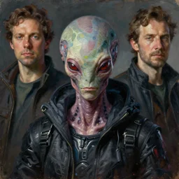 cinematic bust portrait of cyberpunk hacker, head and chest only, exotic alien features, Tim Hildebrandt, Wayne Barlowe, Bruce Pennington, donato giancola, larry elmore, oil on canvas, masterpiece, trending on artstation, featured on pixiv, cinematic composition, dramatic pose, beautiful lighting, sharp, details, hyper-detailed, HD, HDR, 4K, 8K