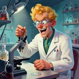 surreal hyperrealistic overdetailed maximalist fantastic comic sketch of a crazy scientist in his labor in colorful lowbrow style by beastwreck, clogtwo and brian allan inspired by andrei raibovitchev and tomasz alen kopera. clean polished. intricate linework. extremely ornated