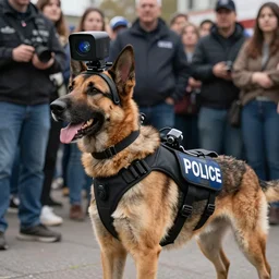 a police dog equiped with a vest with cameras looking at a crowd of people, camera!!, lidar, ultra realistic, artstation, hyper detailed, 8 k.
