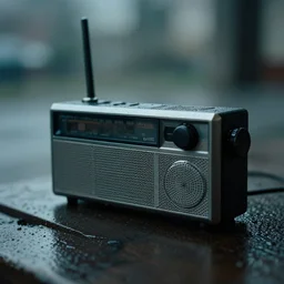 a jvc radio as a transformer in a film noir. moody, medium close shot. overcast, rainy.