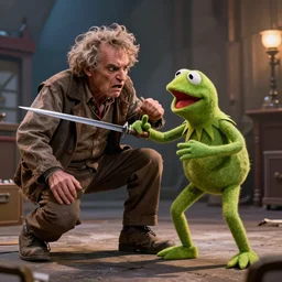 disheveled homeless angry muppet stabbing Kermit out of jealousy. Photograph.