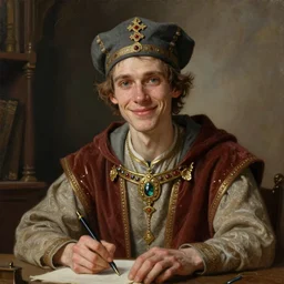 portrait painting of a skinny happy male scribe wearing fancy medieval clothes and a cap, sharp focus, award - winning, trending on artstation, masterpiece, highly detailed, intricate. art by aurore folny