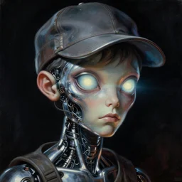 baroque neoclassicist close - up sci - fi portrait of an alien machine boy wearing a baseball hat and big glowing eyes gazing intensely, pearlescent chrome. dark black ominous background, glowing atmosphere. highly detailed science fiction horror painting by norman rockwell, frank frazetta, and syd mead. rich colors, high contrast, gloomy atmosphere. trending on artstation and behance.
