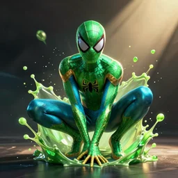 splash art of a cool beautiful green and cyan spiderman in a stylish pose in the style of the league of legends splash art, digital art by Michelle Hoefener