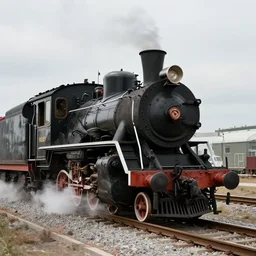 restored black steam locomotive travelling on train tracks, photograph