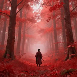 lone samurai in dreamy ethereal red forest landscape, in the style of wlop, 8 k masterpiece, cinematic lighting, pristine clean design, high fantasy, insanely detailed, atmospheric